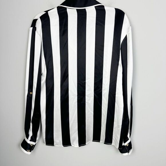 SERGIO HUDSON | NEW Silk Button Down Black/White Stripe Blouse Women’s Size M - Picture 10 of 12